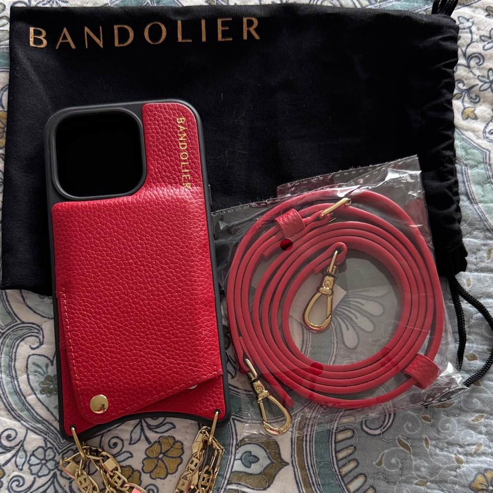 Bandolier red Leather Phone Case with Gold Accents Fits iphone 15pro